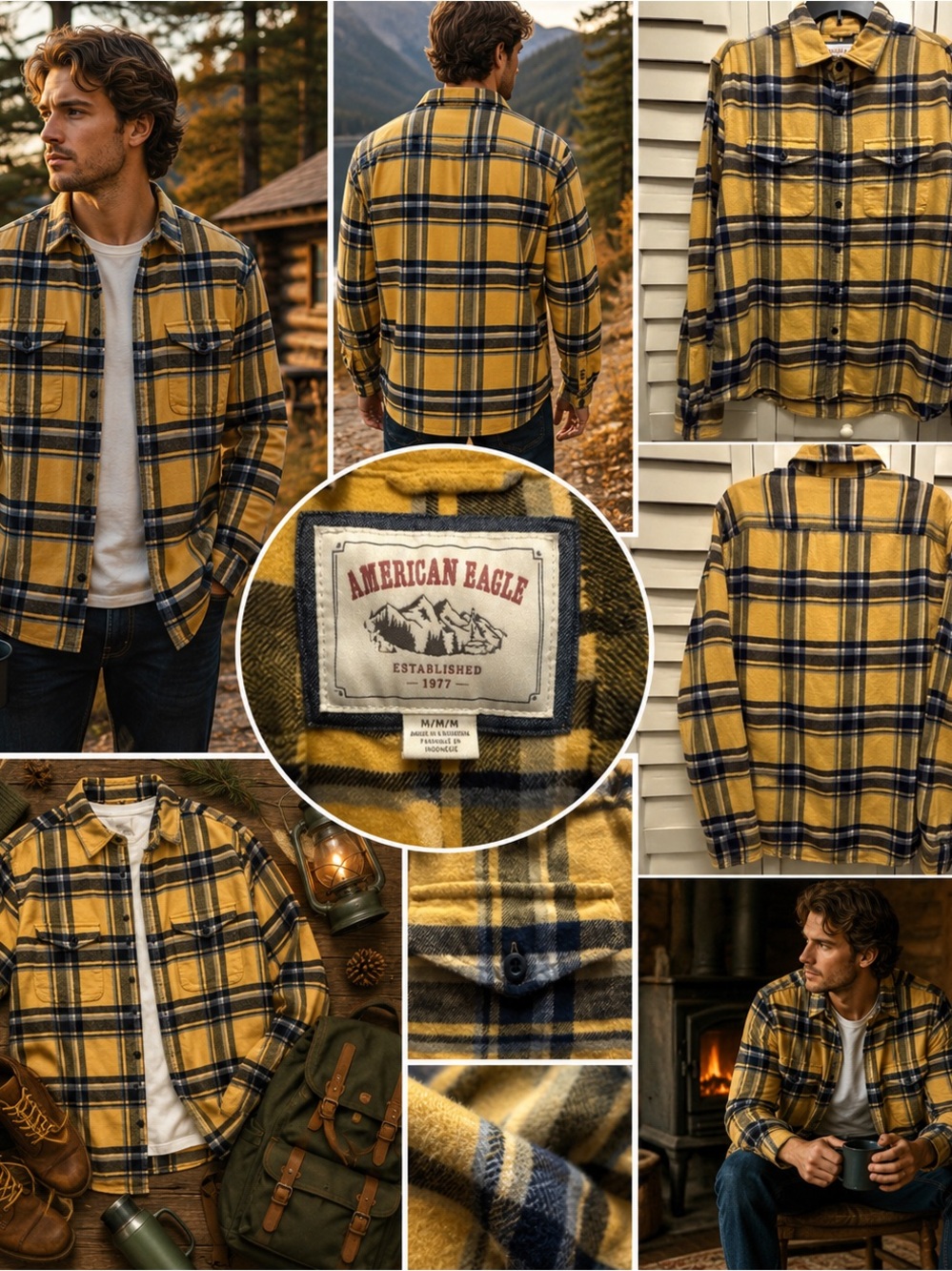 American Eagle Flannel Shirt Medium Yellow Plaid Heavyweight Button Cabin Shaket